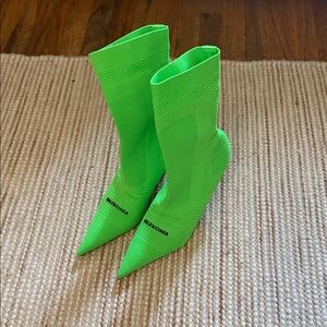 Balenciaga Neon Green Knit Pointed-Toe Sock Heeled Boots